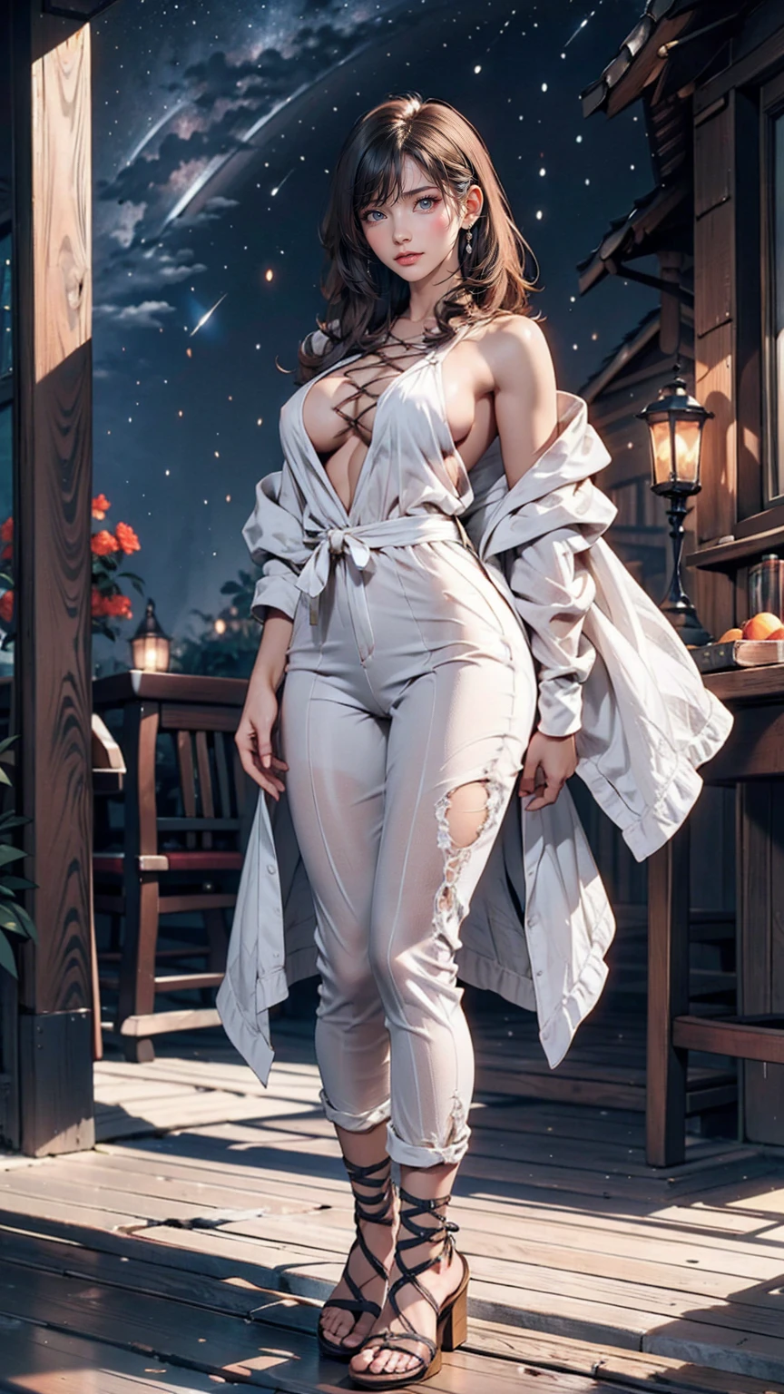 masterpiece, Beautiful Goddess of the Void, Full body white transparent clothing standing under the stars at night in the sky, Disappearing Transparent Pants, Full body standing, Tall figures, Thin legs, Facial details, Body parts details, 8k wallpaper、24-year-old female、Sexy proportions、Sexy、Textured skin((textured skin))、Narrow waist、Long eyelashes、bottomless、topless、Lace-up sandals、smile