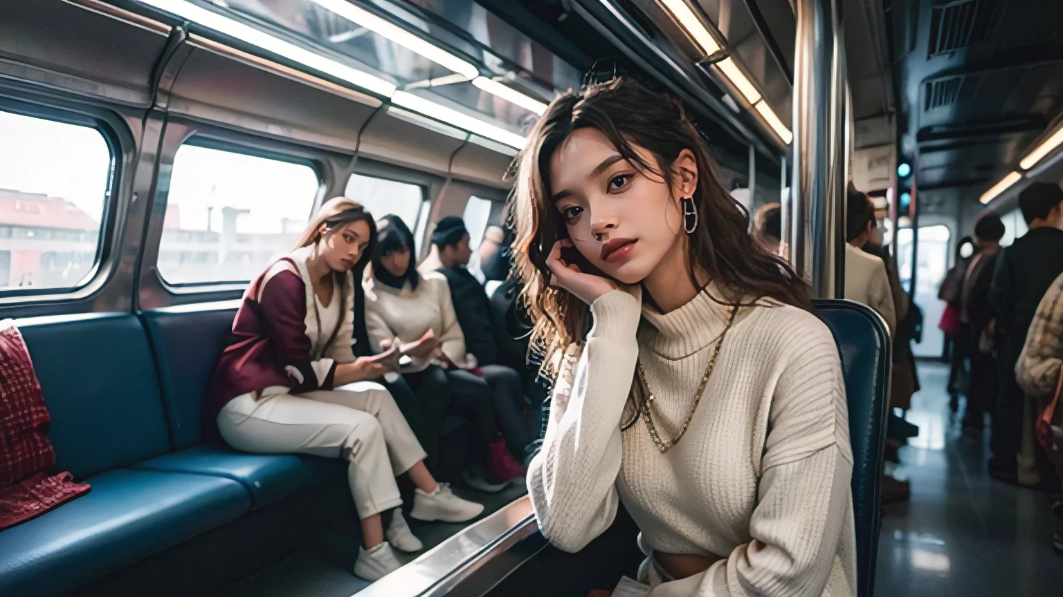 Hyperrealistic, cinematic quality, futuristic train footage. Cyberpunk atmosphere. Hyper-futuristic and colorful lighting. A mix of antique and hyper-futuristic inside the train. The seats are crowded with passengers. Scene: The woman is (happy) with her hand on her cheek, indicating her excitement at meeting the man of her dreams. Main Description Appearance: Wavy brown hair, beige sweater and long white pants. Emotion: Her body language clearly conveys excitement and joy.