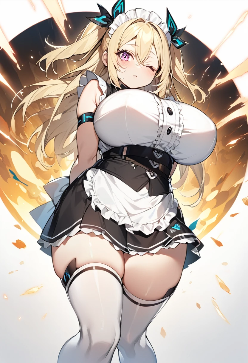 (One girl)、medium length hair、(sidelock)、((Blonde))、(slan eyes)、（boyish）、cute、(Big super breasts)、((Chubby))、Maid、No sleeve、mini skirt、White sleeveless、thigh-high socks thighhighs、(long gloves)、hairs between eyes、(coarse hair)、[flipped hair]、pink eye、expressionless、one eye closed、arm behind back、two side up、White Background、