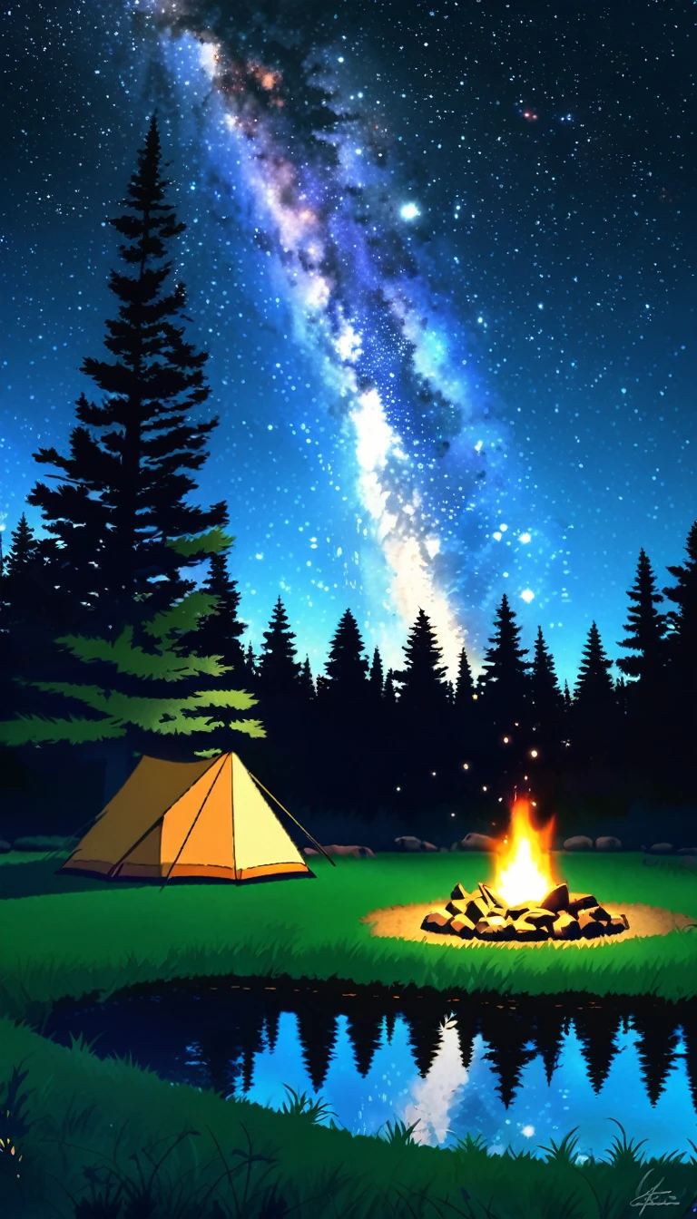 ((Ghibli anime style)), A quiet campsite under the starry night sky. Cozy tents, a crackling campfire and a clear view of the Milky Way. In the background you can see tall pine trees and a nearby lake.