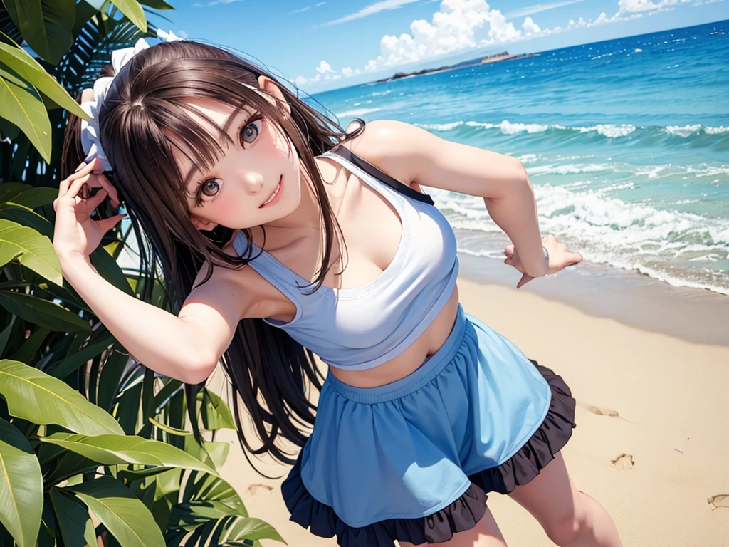 Full Body Shot、oil、masterpiece、Highest quality、High resolution、Brown Hair、length、ponytail、small、Fluffy chiffon skirt、beach、coastal、blue sky、Small breasts、Light blue short sleevesTshirt、university student、smile
