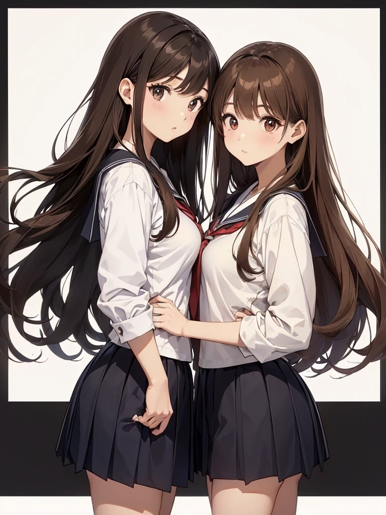 high quality, anime, whole body, Two women ((Japanese, Narrow space between the eyes, Big eyes, Small Nose, Brown Hair, Medium long wavy hair, tall, medium Breasts, thin, school uniform) and (Japanese) , cute, thin eye, cool eyes, Small Nose, Black Hair, Straight long hair, small Breasts, thin, school uniform)), No background, Plain white background, Couple, standing next to each other with arms around waist, fun, ((25-years-old:1.5))