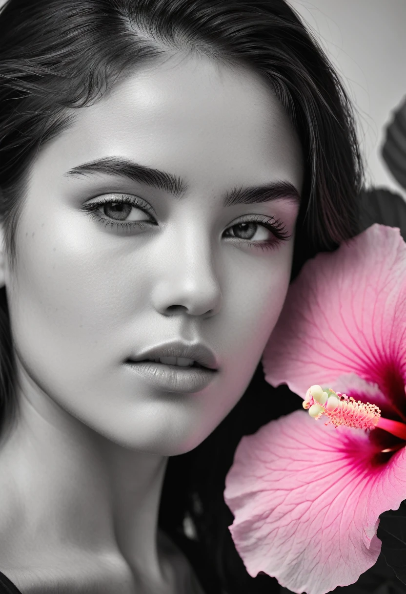 A black and white photo in raw format, zooming in on the intricate details of a young woman's face, shot with a solitary striking Pink Hibiscus, adding a touch of softness and femininity to the composition, enhancing the dramatic contrast and textures of the monochrome image.