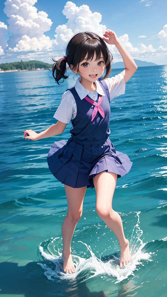 A very cute elementary school girl, around , is swimming in the sea. She looks like she’s having a great time.