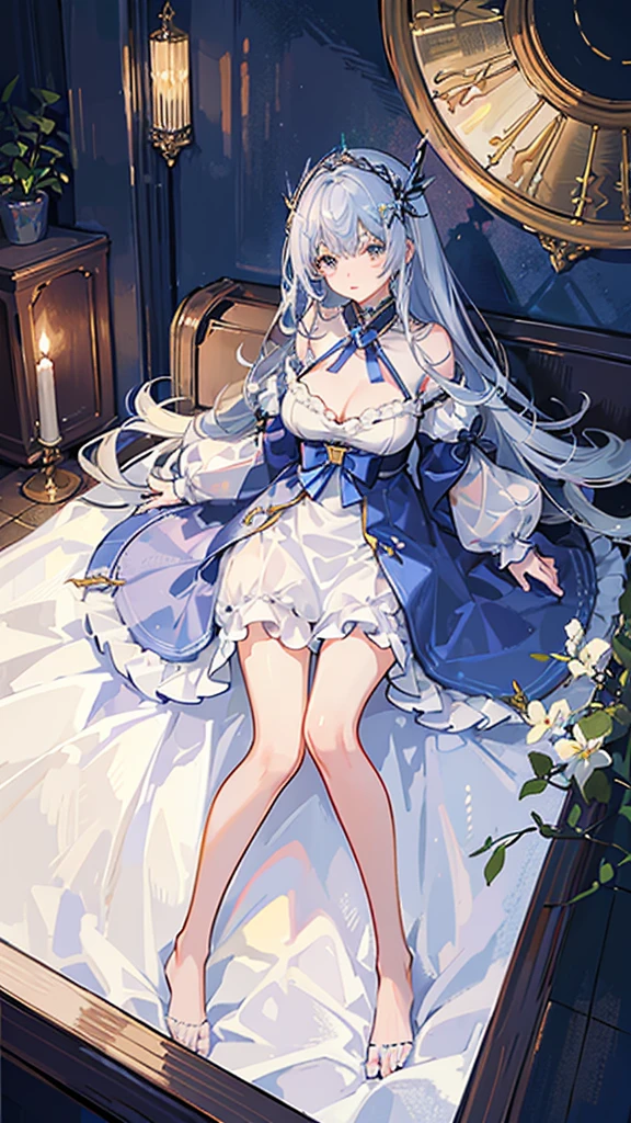 (Highest quality)), ((masterpiece)), (detailed), battlefield、One sleeping girl, Crystal clear light blue hair、Her hair is gradated and white from the hairline to the middle.、Hair length is up to the knees、Gorgeous light blue lustrous nightgown、The hair ornament is glittering gold.、Silver hair ornament、She has big breasts、Adult face、