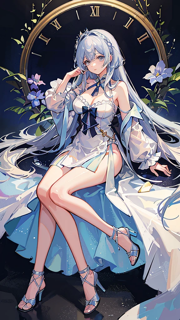 (Highest quality)), ((masterpiece)), (detailed), battlefield、One sleeping girl, Crystal clear light blue hair、Her hair is gradated and white from the hairline to the middle.、Hair length is up to the knees、Gorgeous light blue lustrous nightgown、The hair ornament is glittering gold.、Silver hair ornament、She has big breasts、Adult face、