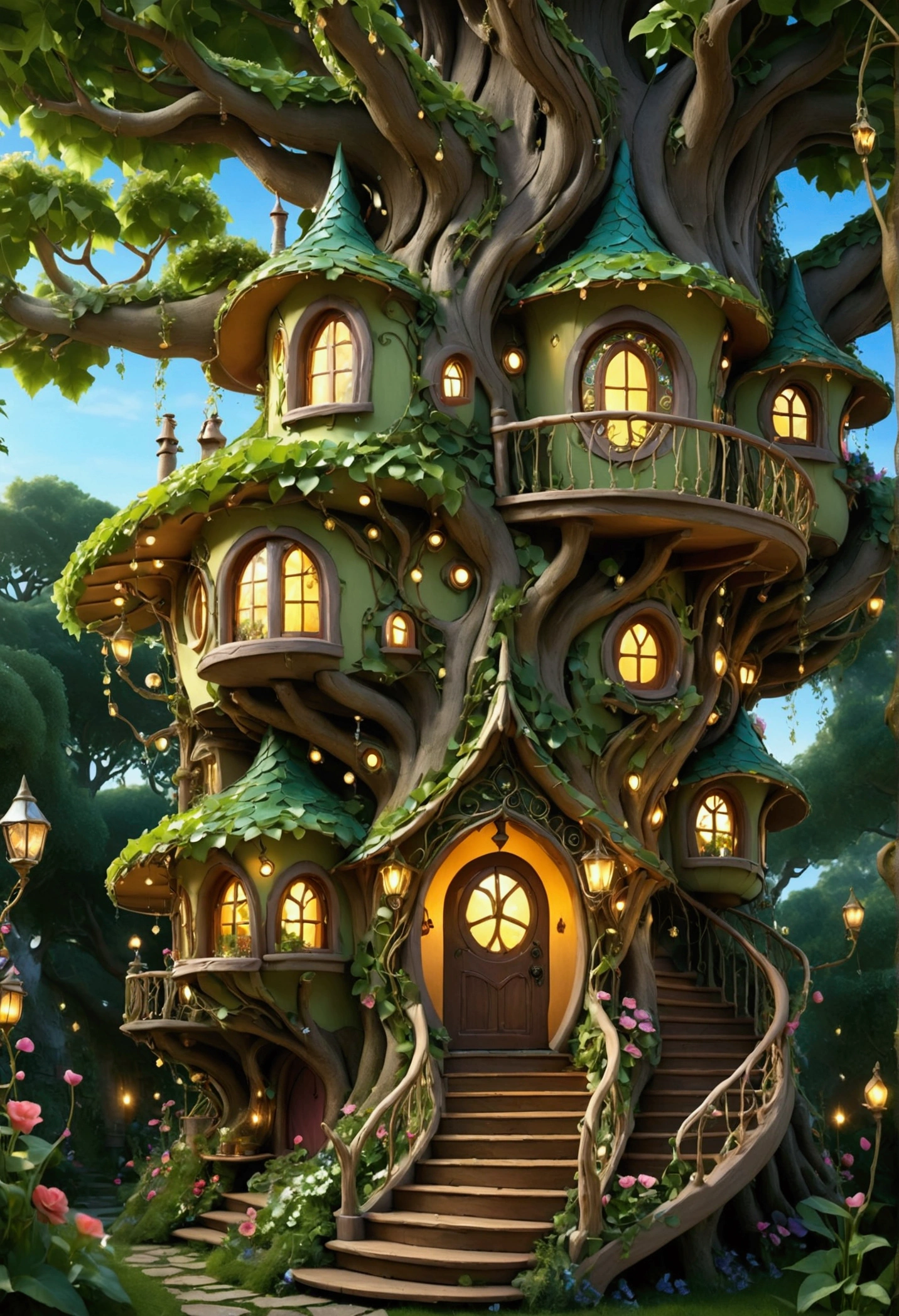 Transport yourself to a magical realm with a fairy house that is both elegant and whimsical. The house is built into a giant tree, with winding staircases and hidden rooms. The exterior is covered in intricate vines and flowers, and the interior is filled with sparkling crystals and soft, glowing lights.