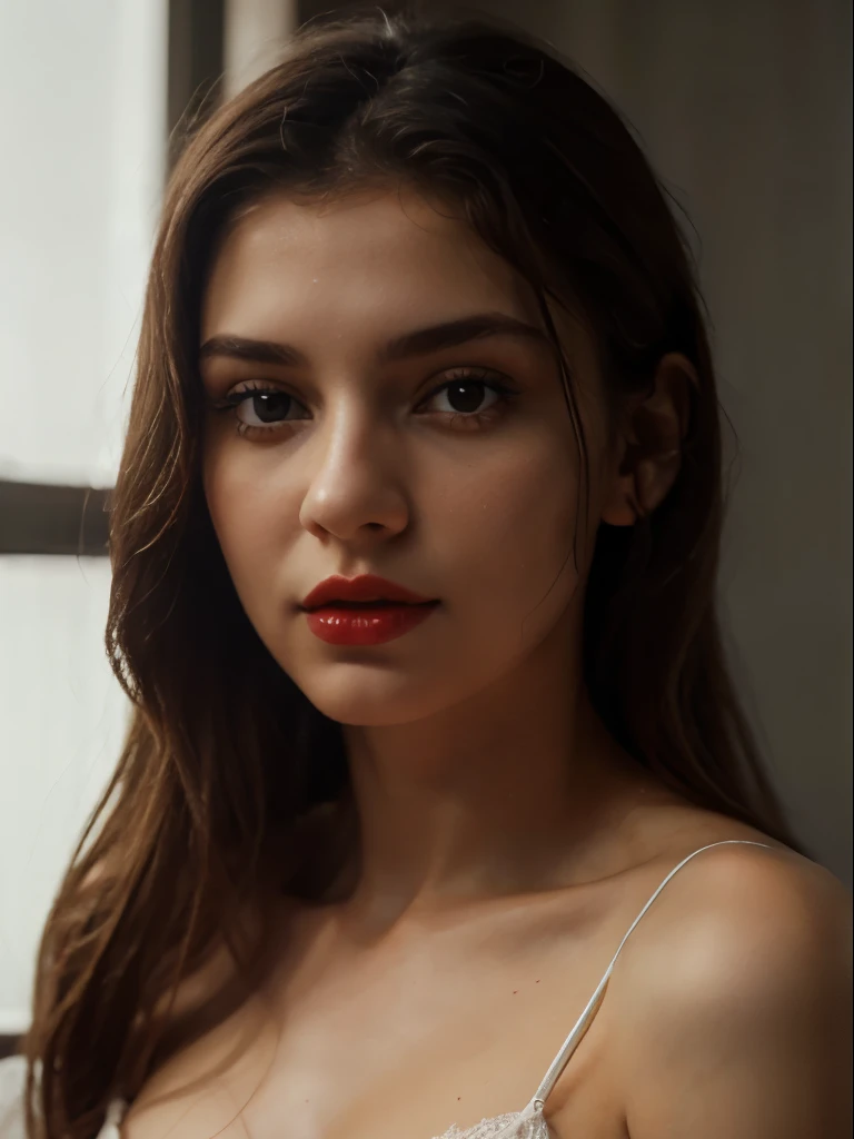 Slavic girl 26 years old, by rubio, , delgado, GOOD, dark red lips, photorealistic, transparent white nightgown