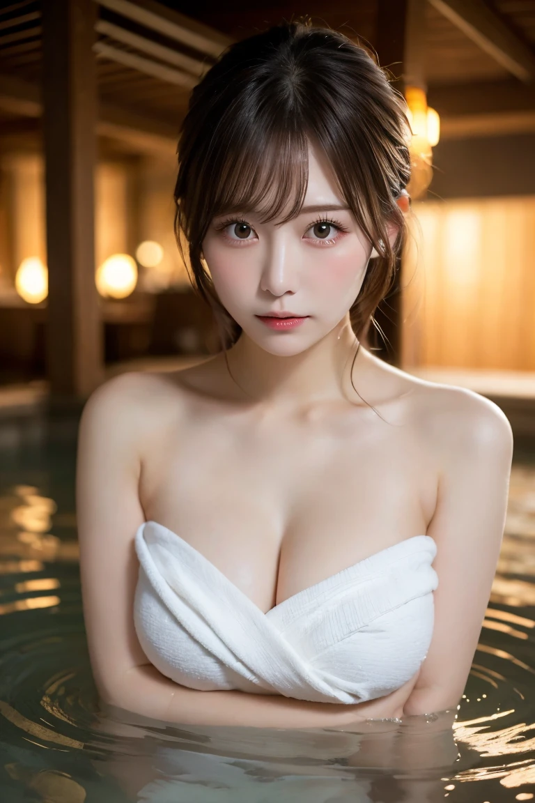 Hot spring inn open-air bath, Highest quality, shape, Very detailed, In detail, High resolution, 8k wallpaper, Perfect dynamic composition, Beautiful details, Natural Lip, Covering her lower body with a towel, Big Breasts, , she looks embarrassed.., A masterpiece of the whole body, Side Short
