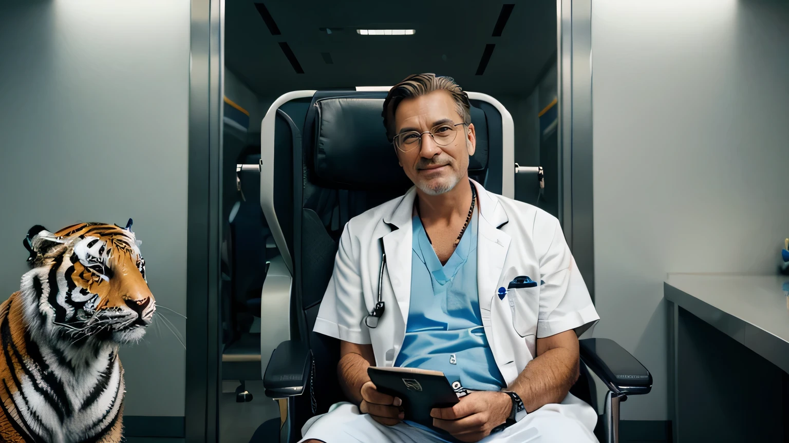Hyper-realistic, cinematic quality images of a hyper-futuristic hospital interior. Cyberpunk atmosphere. Hyper-futuristic, colorful and bright lighting. An examination room with a mix of antique and hyper-futuristic. A handsome 48-year-old male doctor sits in a chair and examines a patient. He wears glasses. (He is wearing a shirt and lab coat with a realistic tiger face printed on it: 1.2). A stethoscope hung around his neck. He smiles slowly and warmly at the camera, his expression friendly and inviting.