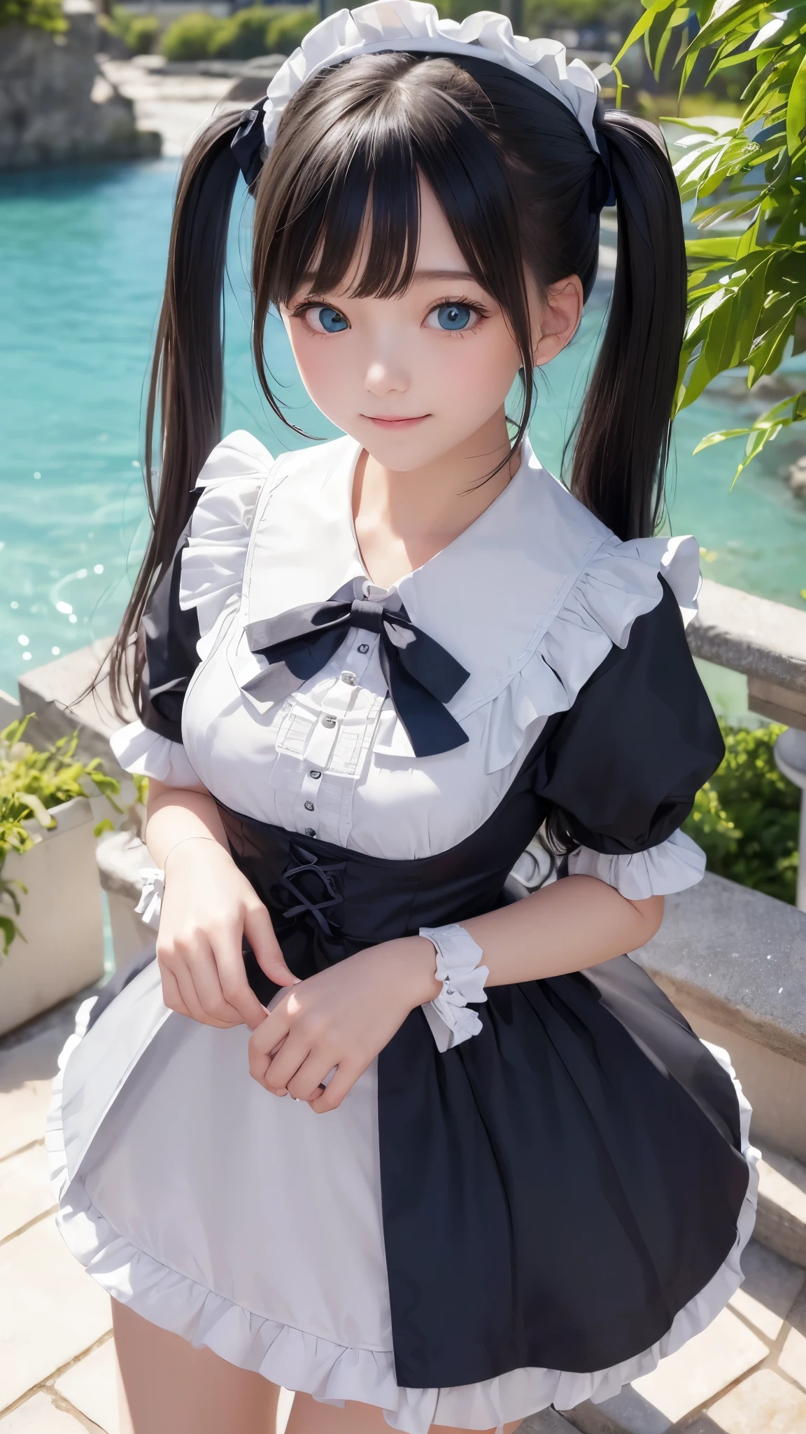 ((masterpiece)), ((highest quality、Ultra high definition)), (Very detailed),8K、Photo quality、((Amazingly cute girl)),16-year-old girl)), Two people, , (Beautiful emerald blue eyes), ((smile)),In the open-air bath overlooking the sea, Beautifully arranged black hair in twin tails、スリムボディー、((Cute lolita maid style swimsuit))、Professional Lighting、(White lace knee-highore detailed and beautiful)、(More details and cutenesore realistic)、(((Just wear light clothing)))、プールではしゃぐ、