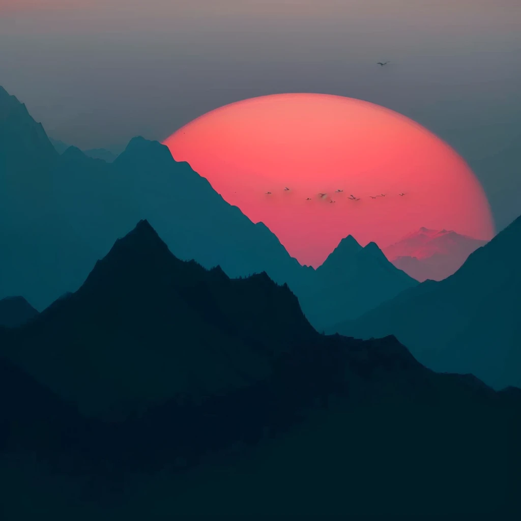 Mountains with birds flying in the sky at sunset, Mountain Sunrise, Mountains and sunset!!, sunset illustration, sun rises ween two Mountains, Mountains and colorful sunset!!, Mountainscape, Mountains in a background, Beautiful sunset, Sun sunset, Sunset Sunrise, Mountains, Sunset in the valley, Mountains, Beautiful sunset, Beautiful sunrise, Sunset view, author:Andrei Kolkoutine