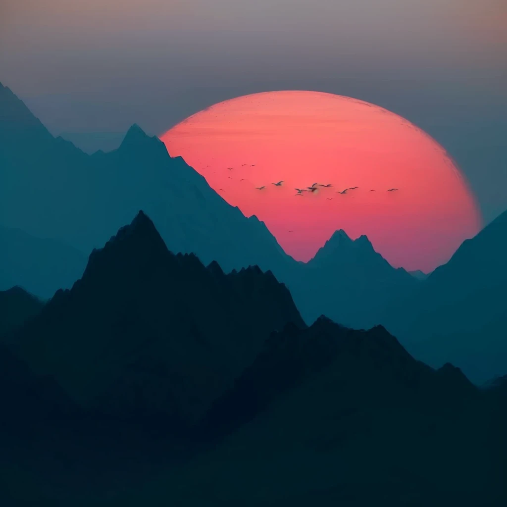 Mountains with birds flying in the sky at sunset, Mountain Sunrise, Mountains and sunset!!, sunset illustration, sun rises between two Mountains, Mountains and colorful sunset!!, Mountainscape, Mountains in a background, Beautiful sunset, Sun sunset, Sunset Sunrise, Mountains, Sunset in the valley, Mountains, Beautiful sunset, Beautiful sunrise, Sunset view, author：Andrei Kolkoutine