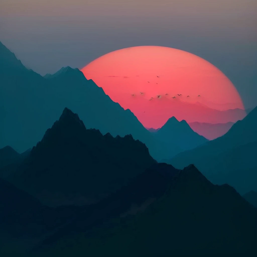 Mountains with birds flying in the sky at sunset, Mountain Sunrise, Mountains and sunset!!, sunset illustration, sun rises between two Mountains, Mountains and colorful sunset!!, Mountainscape, Mountains in a background, Beautiful sunset, Sun sunset, Sunset Sunrise, Mountains, Sunset in the valley, Mountains, Beautiful sunset, Beautiful sunrise, Sunset view, author：Andrei Kolkoutine
