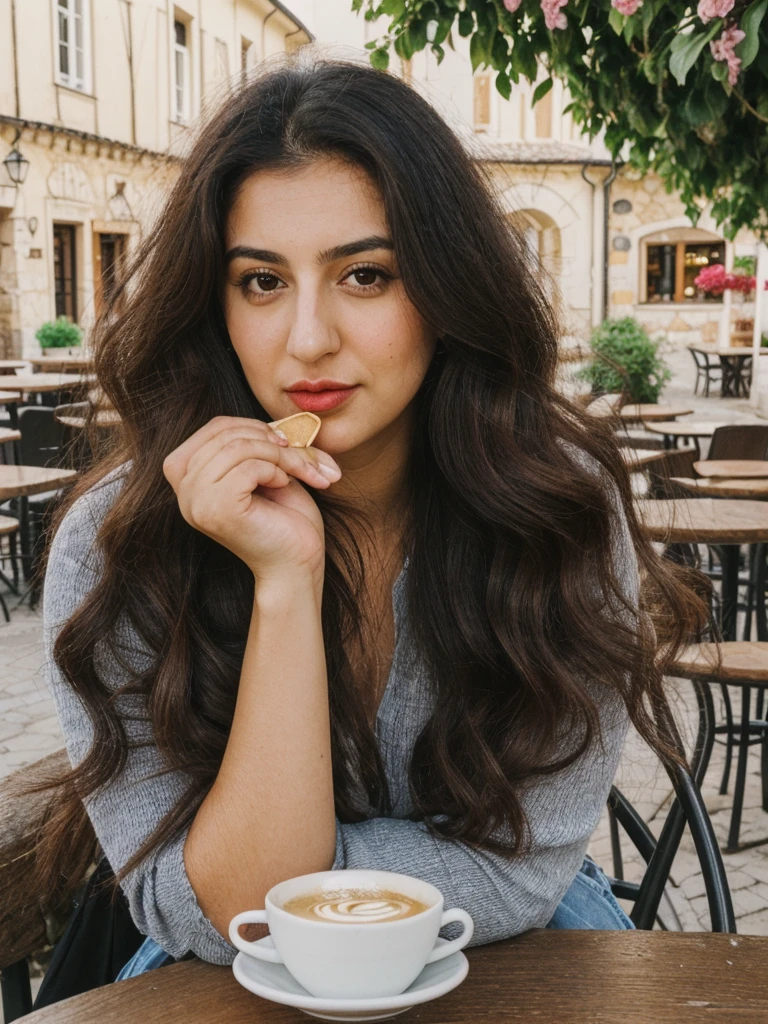 Caseyli, 1girl, solo, 30 years old, (((Georgian face))), (((Georgian nose))), (((Georgian lips))), ((((chubby)))), (((wide hips))), (((dark blonde hair))), wavy medium hair, wearing stylish Generation Z wear, ((Background: a café in a village square))