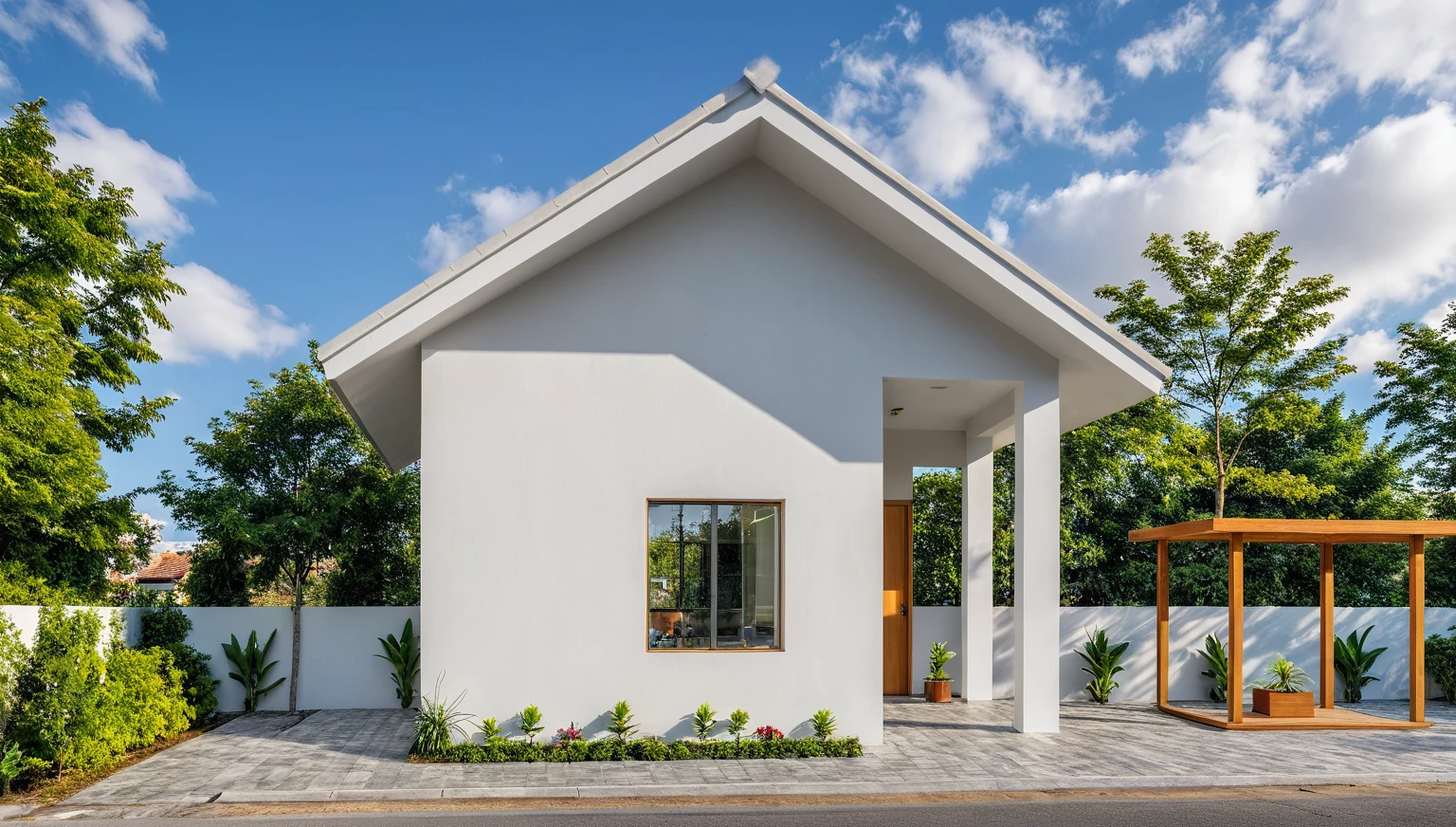 Masterpiece, high quality, best quality, authentic, super detail, outdoors, onestoreyvillaXL, aiaigroup, house style modern on the street , white wall ,road,pavement, grass, trees, sky, cloud, (daylight:1.1)