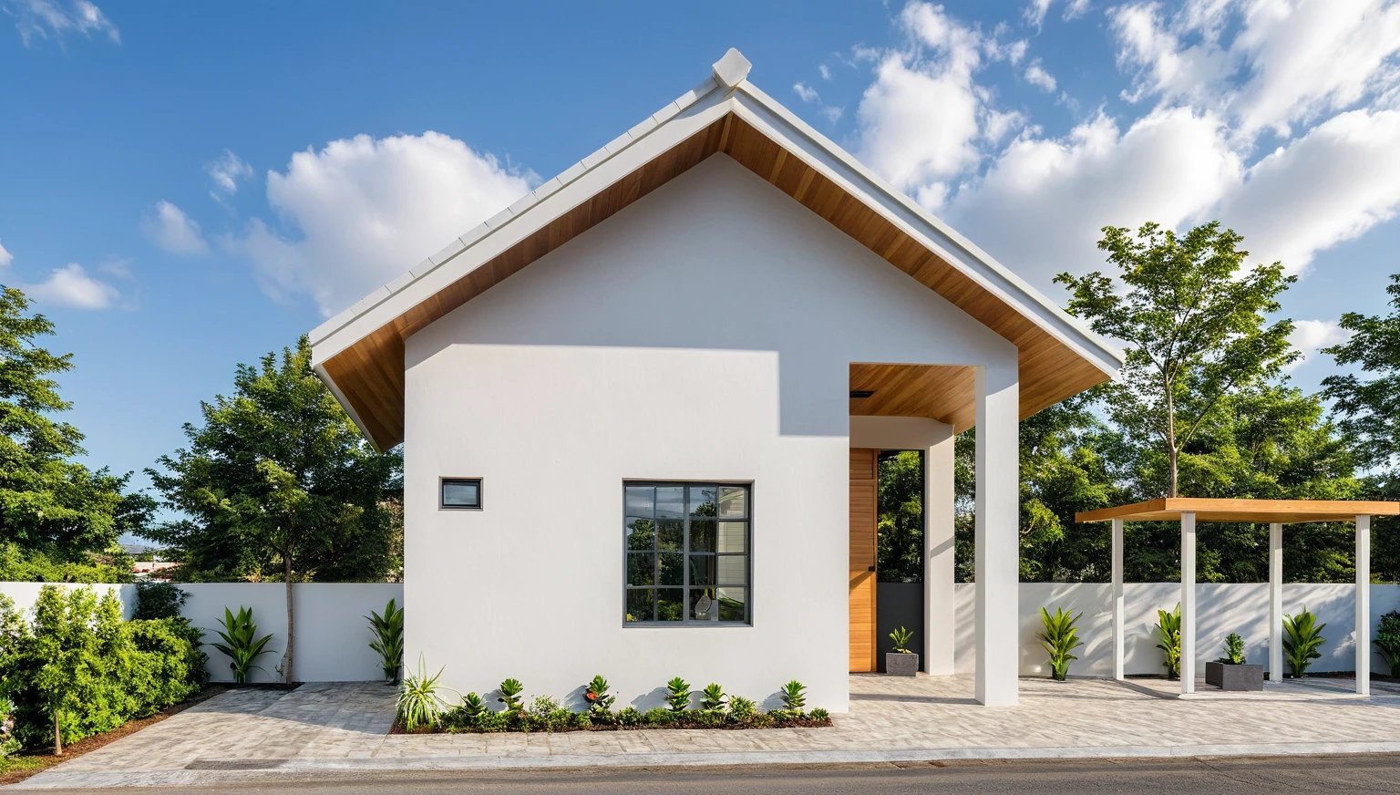 Masterpiece, high quality, best quality, authentic, super detail, outdoors, onestoreyvillaXL, aiaigroup, house style modern on the street , white wall ,road,pavement, grass, trees, sky, cloud, (daylight:1.1)
