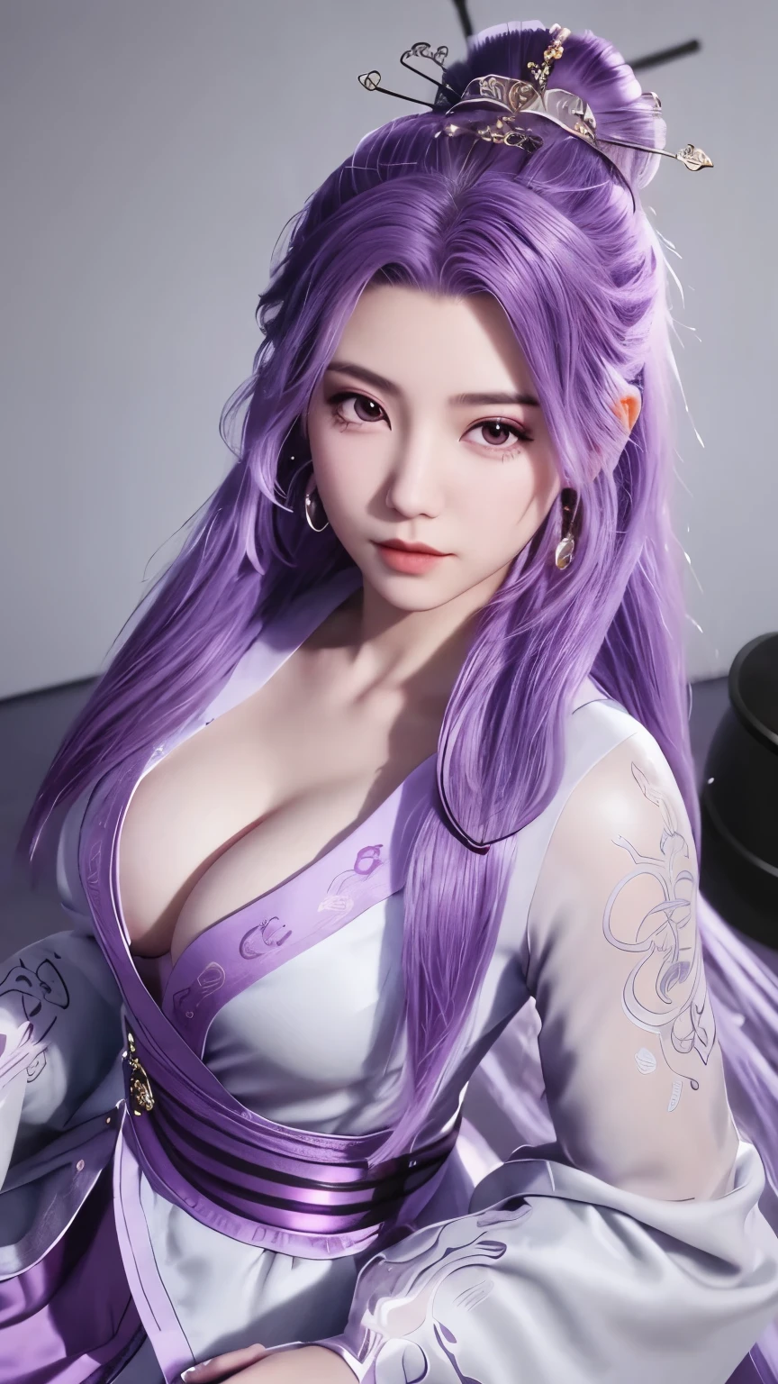  1girl, 独奏,purple hair, long hair, black eyes, hair ornament,medium breasts, jewelry,purple hair,  earrings, sky, dress, looking_at_viewer, leaning forward,bedroom,Cowboy lens