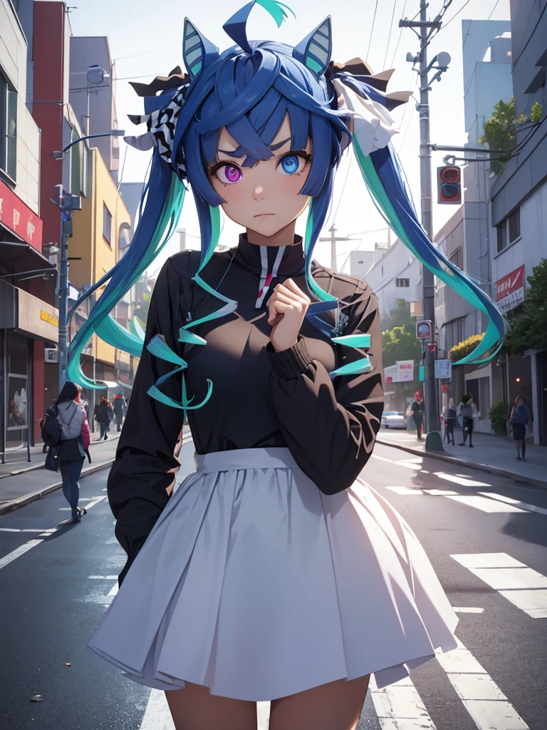 (Masterpiece, best quality, high res、highly detailed cg: 1), Standing on a street corner, a passerby stops and notices a gaze. Following the gaze, there is a street prostitute standing quietly. She doesn't call out, but her eyes are alluring. Once eye contact is made, it's hard to look away, subtle and captivating atmosphere. Twin_Turbo_Umamusume, aqua hair, twintails, heterochromia, purple eyes, blue eyes, small breasts