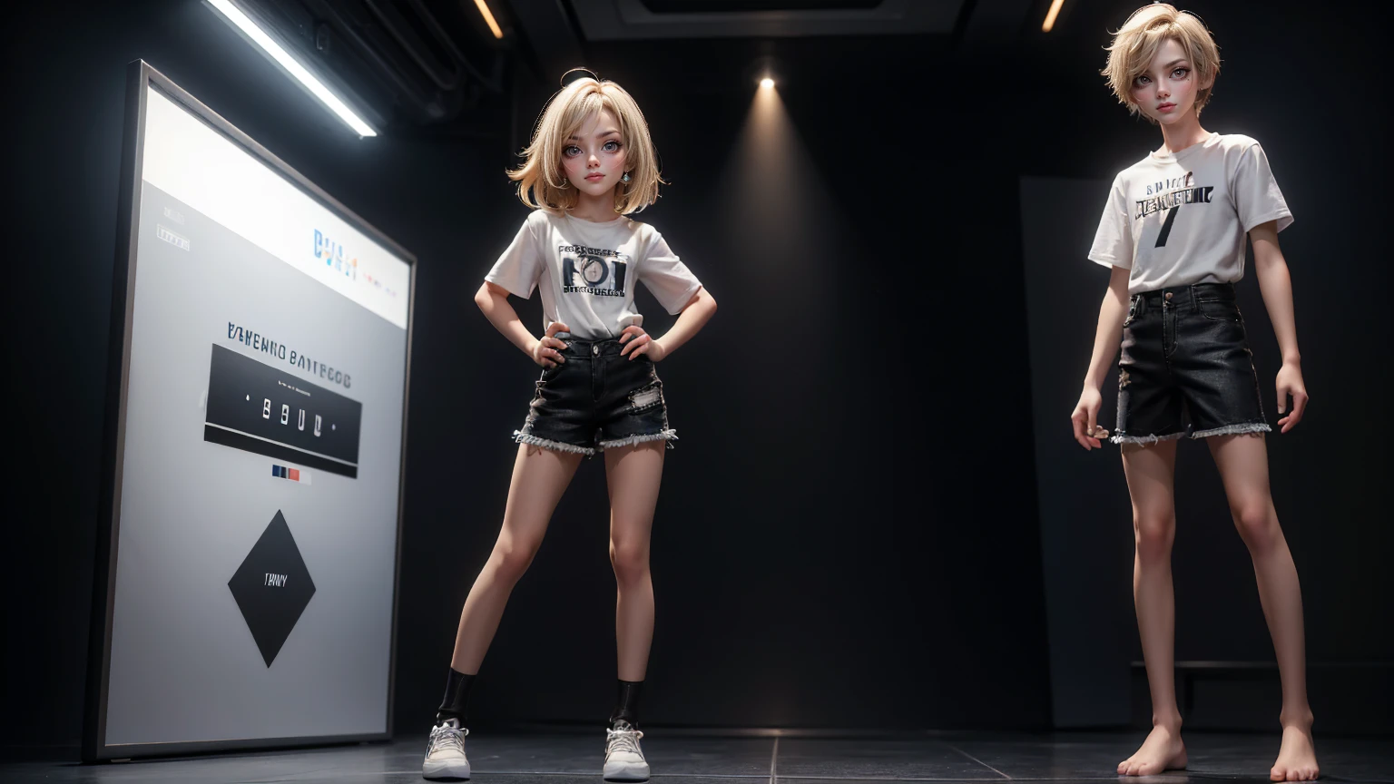 man, in a T-Shirt and Shorts Set: Dress hair style, blond hairs hairs black jeans dress, gaming , smiling face, short dress full straight standing pose,, , Full body, boy, man , games boy, Simple white background,, HD, full body, standing, modern futuristic dress, front view