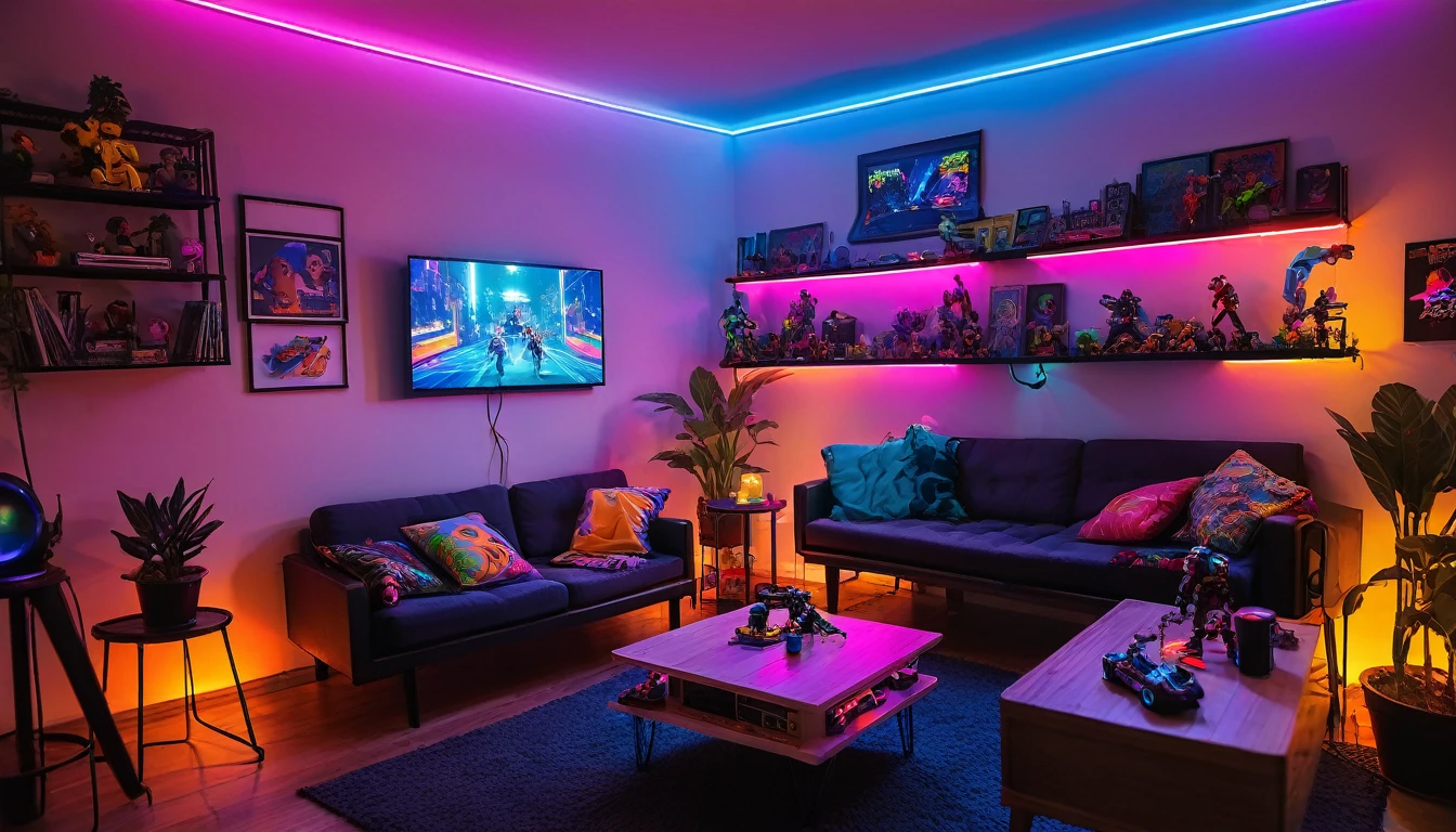 night time setting inside small apartment living room with big screen tv, neon lights games, action figures