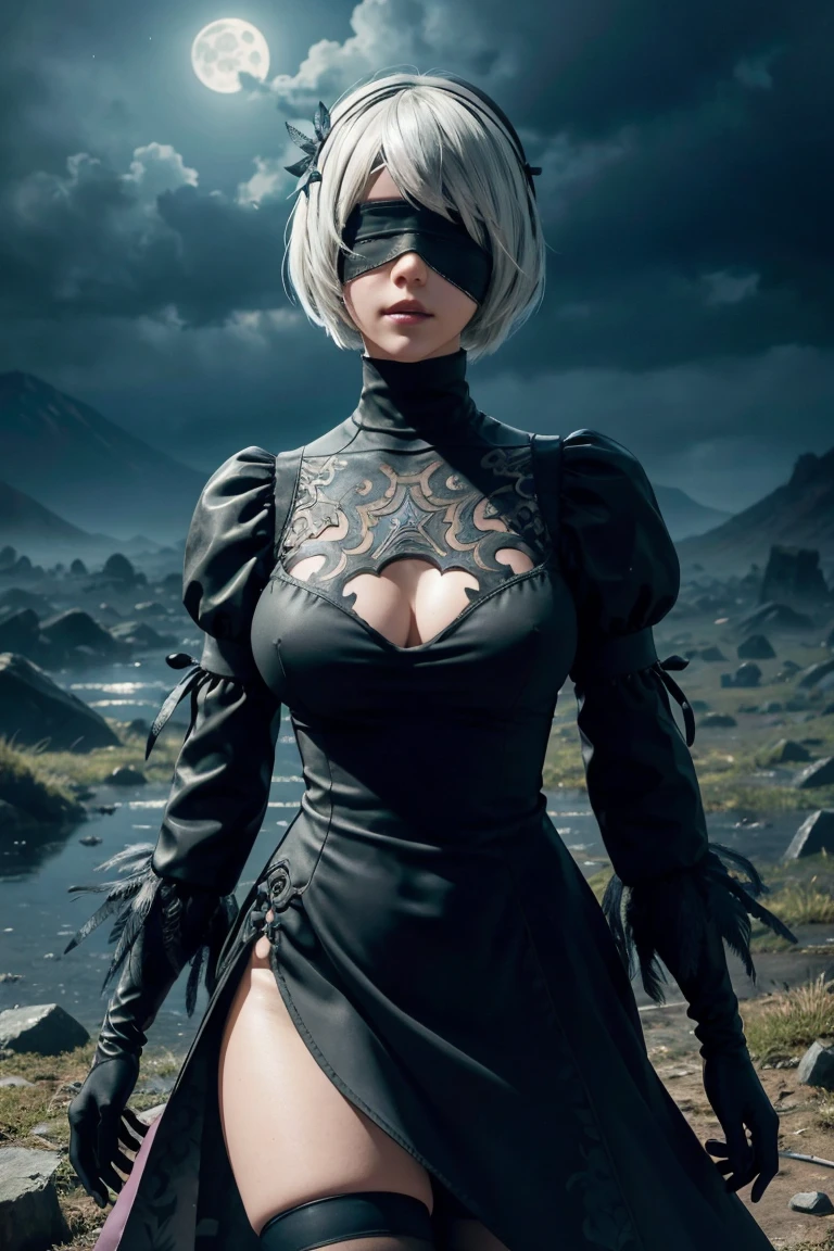 2B Nier Automata,Bobcut, Gray Hair,Long sleeve, Juliet Sleeve, White gloves, turtleneck, bangs, Feather ornament, Feather ornament sleeves, Blindfold, Black Goth Dress,Japanese Ultra HD,super high quality,masterpiece,Digital SLR,Photorealistic,Detailed details,Vivid details,Depicted in detail,A detailed face,Detailed details,Super Detail,Realistic skin texture,Anatomical basis,Perfect Anatomy,Anatomically correct hand,Anatomically correct fingers,Complex 3D rendering,Sexy pose,Rainy Sky,Beautiful scenery,Fantastic rainy sky,Fantasy worldview,Beautiful night sky,moonlight,Beautiful night skyの月,Picturesque,Pink Lips,Black butterfly々Fluttering,A ruined world,A devastated battlefield,ruins,