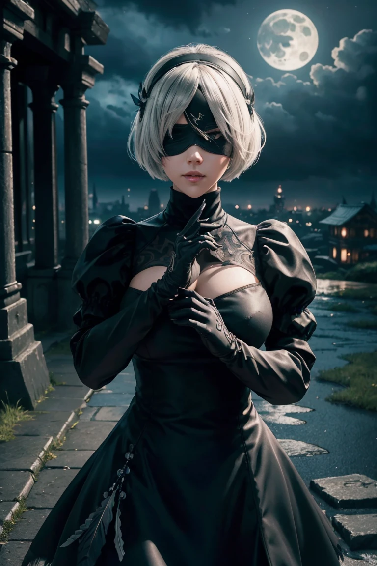 2B Nier Automata,Bobcut, Gray Hair,Long sleeve, Juliet Sleeve, White gloves, turtleneck, bangs, Feather ornament, Feather ornament sleeves, Blindfold, Black Goth Dress,Japanese Ultra HD,super high quality,masterpiece,Digital SLR,Photorealistic,Detailed details,Vivid details,Depicted in detail,A detailed face,Detailed details,Super Detail,Realistic skin texture,Anatomical basis,Perfect Anatomy,Anatomically correct hand,Anatomically correct fingers,Complex 3D rendering,Sexy pose,Rainy Sky,Beautiful scenery,Fantastic rainy sky,Fantasy worldview,Beautiful night sky,moonlight,Beautiful night skyの月,Picturesque,Pink Lips,Black butterfly々Fluttering,A ruined world,A devastated battlefield,ruins,
