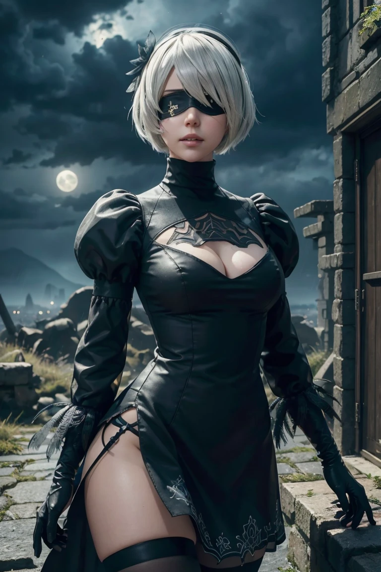 2B Nier Automata,Bobcut, Gray Hair,Long sleeve, Juliet Sleeve, White gloves, turtleneck, bangs, Feather ornament, Feather ornament sleeves, Blindfold, Black Goth Dress,Japanese Ultra HD,super high quality,masterpiece,Digital SLR,Photorealistic,Detailed details,Vivid details,Depicted in detail,A detailed face,Detailed details,Super Detail,Realistic skin texture,Anatomical basis,Perfect Anatomy,Anatomically correct hand,Anatomically correct fingers,Complex 3D rendering,Sexy pose,Rainy Sky,Beautiful scenery,Fantastic rainy sky,Fantasy worldview,Beautiful night sky,moonlight,Beautiful night skyの月,Picturesque,Pink Lips,Black butterfly々Fluttering,A ruined world,A devastated battlefield,ruins,