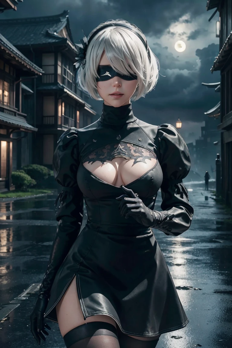 2B Nier Automata,Bobcut, Gray Hair,Long sleeve, Juliet Sleeve, White gloves, turtleneck, bangs, Feather ornament, Feather ornament sleeves, Blindfold, Black Goth Dress,Japanese Ultra HD,super high quality,masterpiece,Digital SLR,Photorealistic,Detailed details,Vivid details,Depicted in detail,A detailed face,Detailed details,Super Detail,Realistic skin texture,Anatomical basis,Perfect Anatomy,Anatomically correct hand,Anatomically correct fingers,Complex 3D rendering,Sexy pose,Rainy Sky,Beautiful scenery,Fantastic rainy sky,Fantasy worldview,Beautiful night sky,moonlight,Beautiful night skyの月,Picturesque,Pink Lips,Black butterfly々Fluttering,A ruined world,A devastated battlefield,ruins,