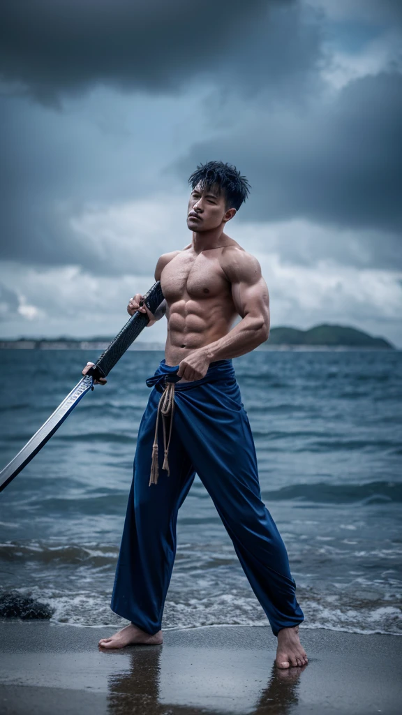 Japanese man holding two swords、Tying long hair、Upper body、Dark blue kimono、muscular body、complex background、beach behind、cloudy sky in the daytime、Overall dark background、((best quality)), ((masterpiece)), (detailed)、dramatic、Japan Island