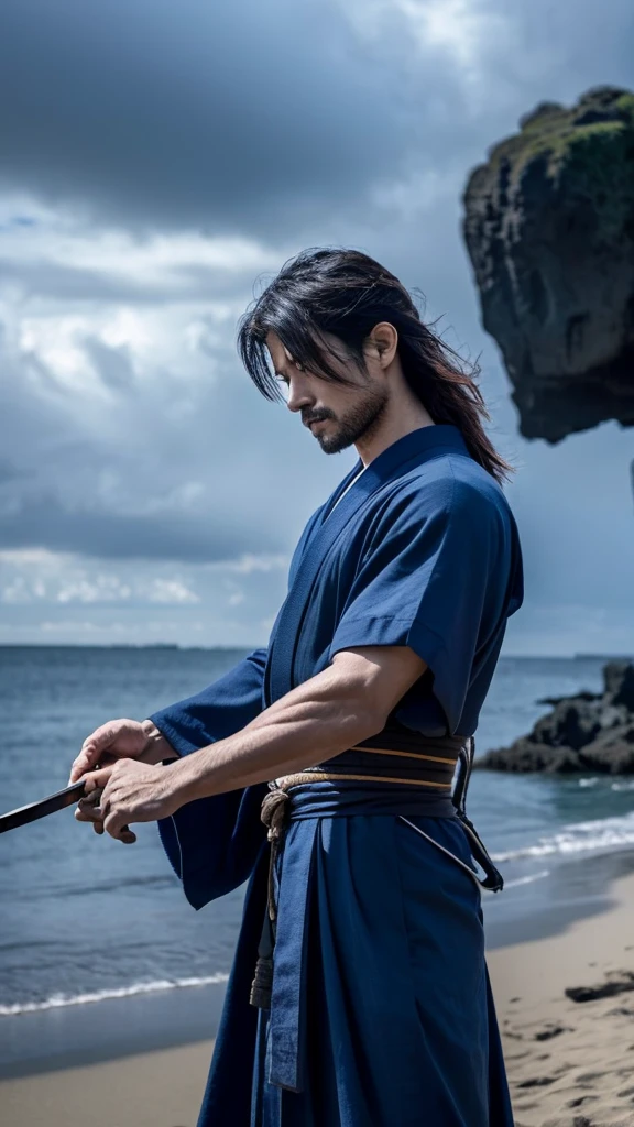 Japanese man holding two swords、Tying long hair、Upper body、Dark blue kimono、muscular body、complex background、beach behind、cloudy sky in the daytime、Overall dark background、((best quality)), ((masterpiece)), (detailed)、dramatic、Japan Island