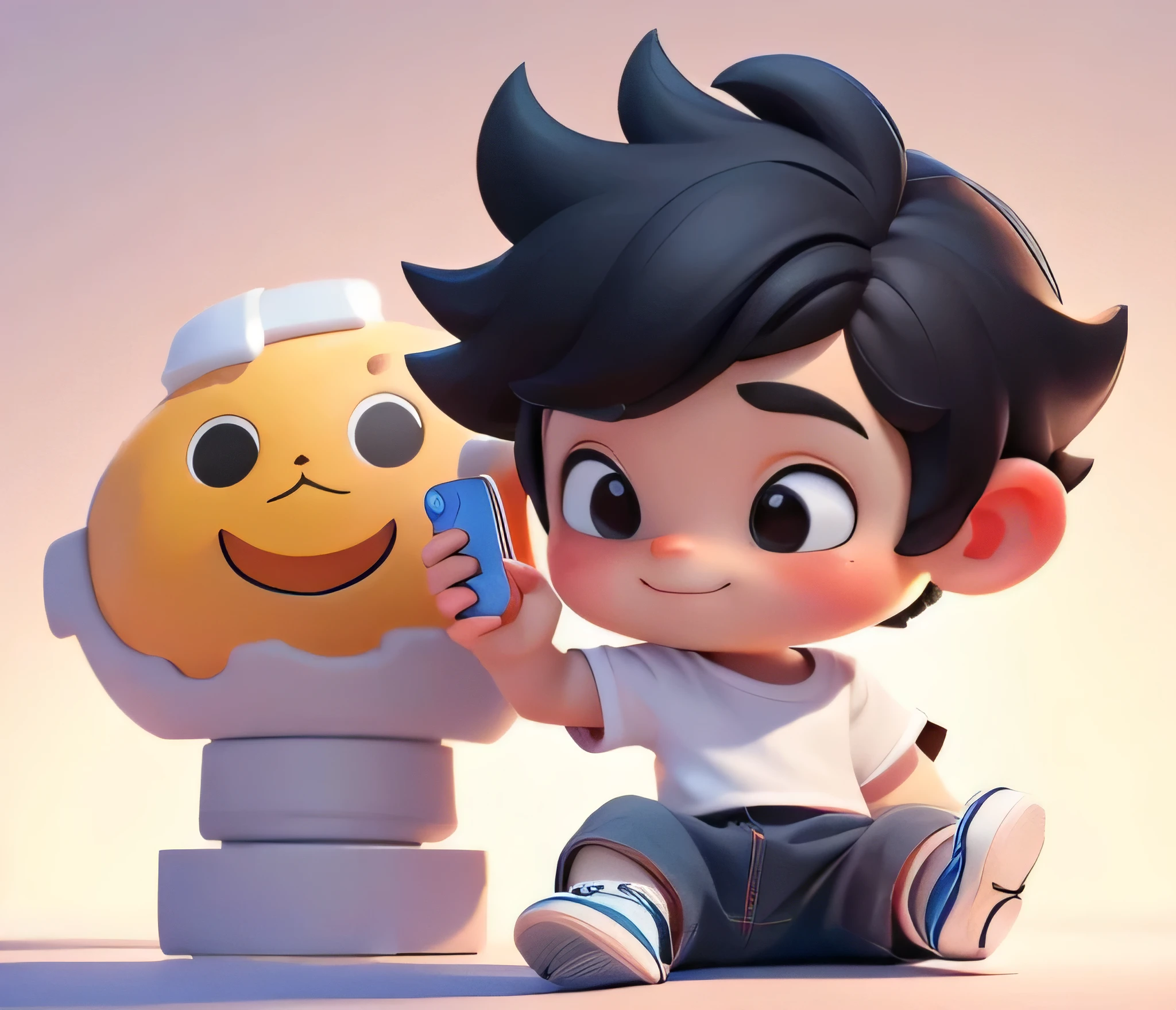 Cute 3D rendering style,Tide play style,Little boy on the phone,Wearing a white T-shirt,Black hair,Black eyes,Wear shoes,Happy expression,8k,high quality,Soften Tone,Repair face and hands