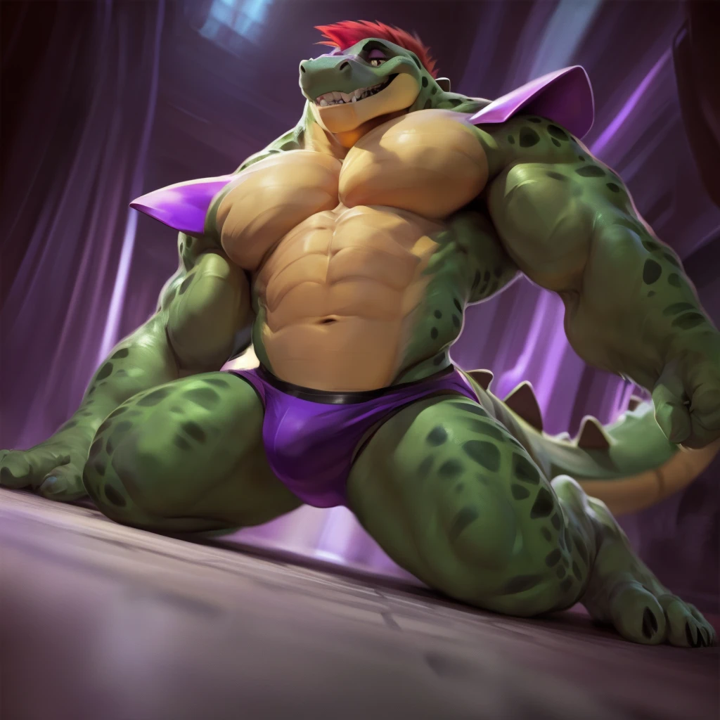 Montgomery Gator, Male, Solo, Muscular, Muscle: 3, Pectoral Muscle: 2, Big Pecs, Abs, Claws, Correct anatomy, Front View, Private Room Background, Bulge, Grinning at Viewer, Grinning at Viewer, Tail, Speedo, Crawling on Floor, Hands on Floor, All on four, Lustful Look, Purple Lighting, Teeth, Legs, Feet, Tail on Background, (depth of field, Wide Dynamic Field, Dark Shadows, HDR, Low Light: 1.2, Very Low Angle, Front Shot), (by null-ghost, by Chunie, by darkgem),