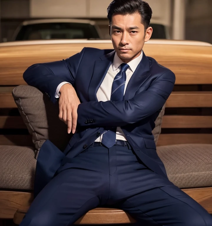 50 years old,One Man,Navy blue suit,Night parking、mafia、Bend、Spread your legs wide、Hold a gun,Open your legs more,logic,Gay ,Very Short Hair,Stubble,Asian Faces,Handsome Dad,Bulging in the crotch area of pants ,looking at the camera