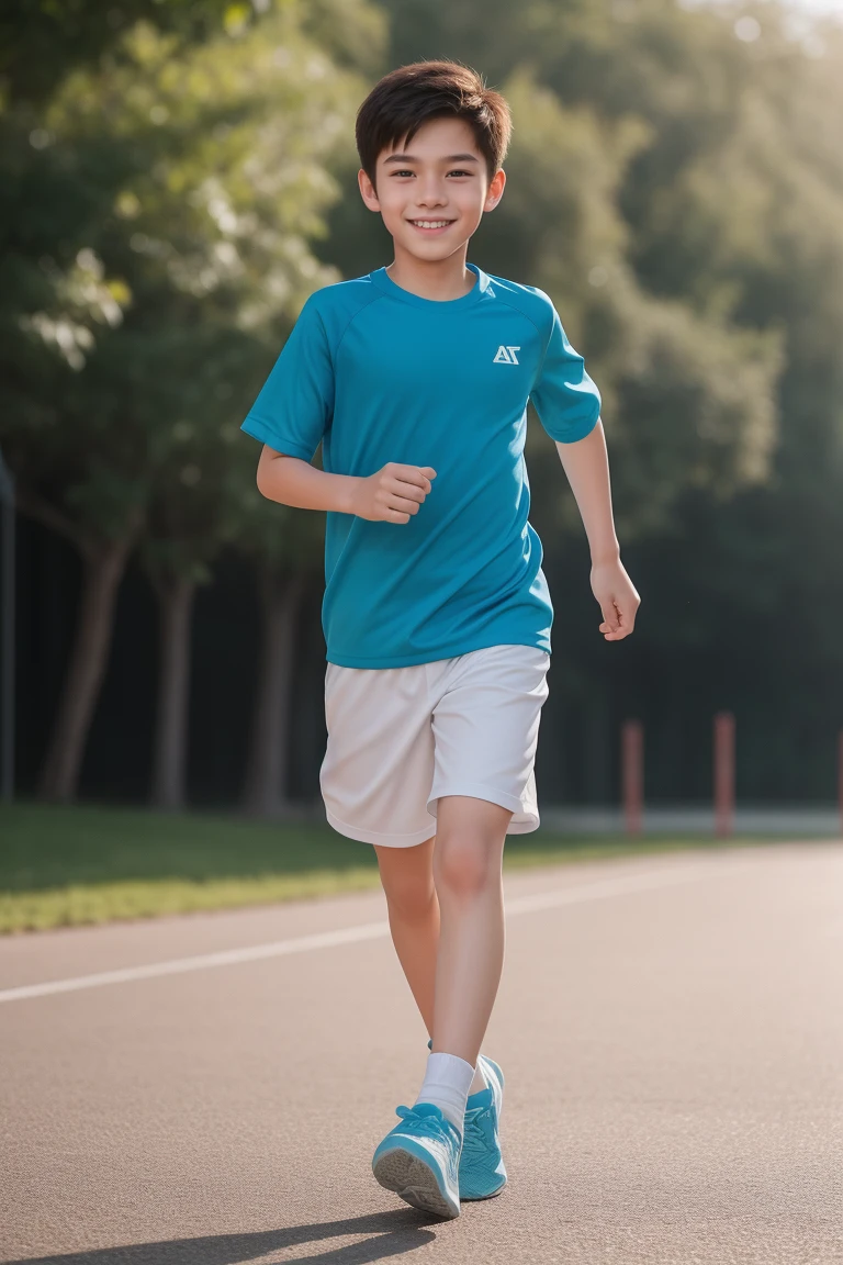 12-year-old boy,Smile，Spread your white and slender legs，jogging，full body，8K facial features are exquisite，Handsome boyish feeling，8k，masterpiece,((best quality)),photography,photograph

