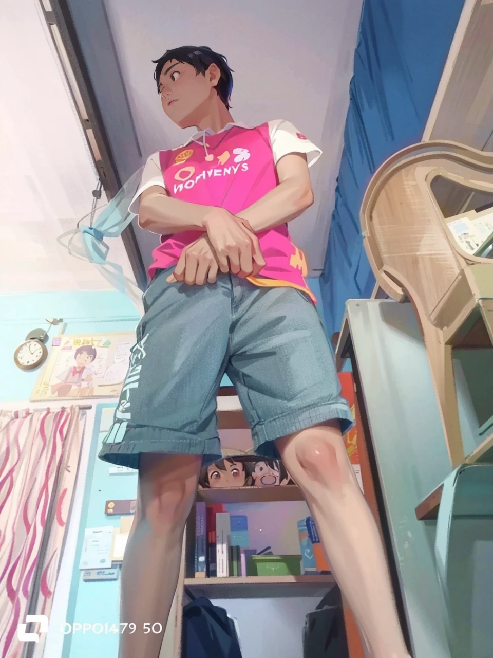 Wearing a white top。Long legs junior high school boy in pink shorts sitting on couch playing mobile phone game --auto