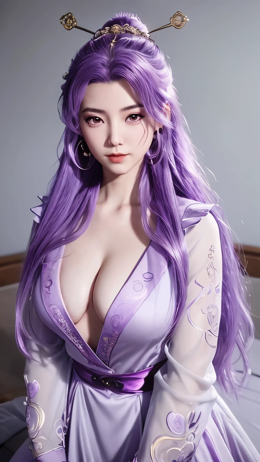  1girl, 独奏,purple hair, long hair, black eyes, hair ornament,medium breasts, cleavage, jewelry,purple hair,  earrings, sky, dress, looking_at_viewer, leaning forward,bedroom,Cowboy lens