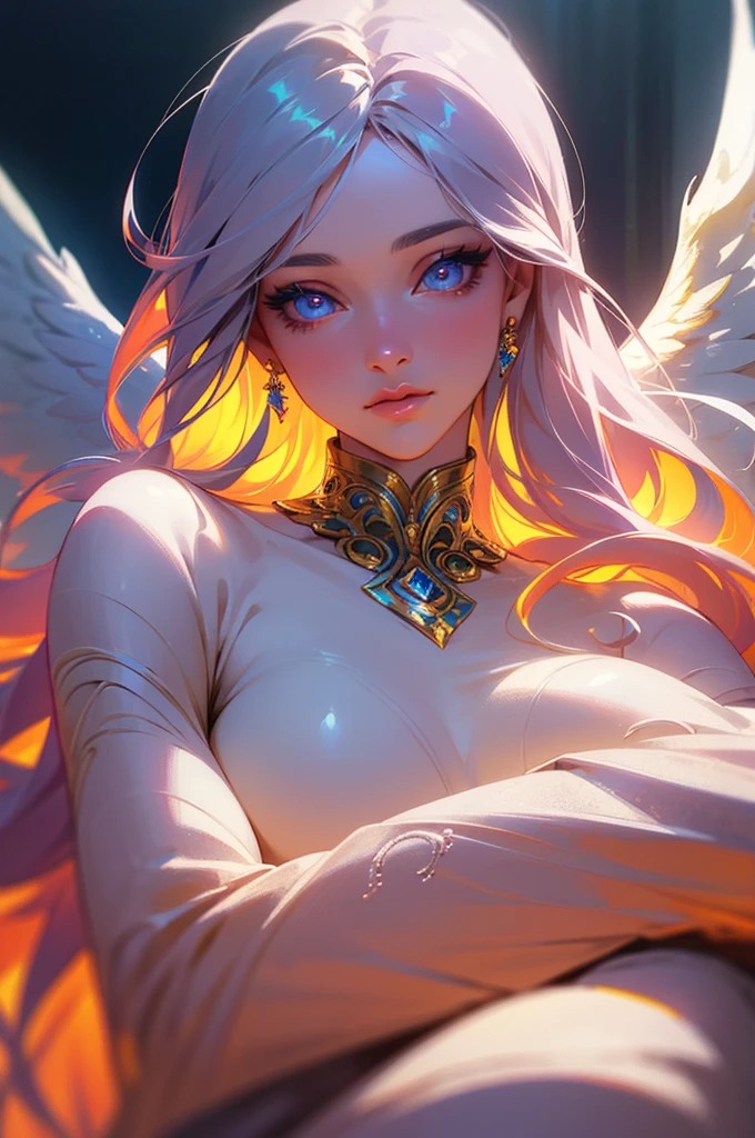 1 angel, ((best quality)), ((masterpiece)), (detailed), perfect face,(((nsfw))), (masterpiece, best quality:1.4), 8k, artistic masterpiece, 3/4 shot, an angel with platinum blonde hair, nude, (perfect small round breasts:1.2), glowing, (intense facial expression), (eye contact with viewer:1.2), (perfect detailed blue-hazel eyes, eye reflections, cute, [perfect makeup, eyeshadow, eyeliner, mascara], symmetrical), (exquisitely toned body:1.2), (glowing angel halo:1.2), (black angel wings:1.4), (intricate ((gold)) tattoos:1.2), dynamic pose, heavenly, ethereal, celestial, divine perfection, epic composition, (dynamic ambient light), (realistic, photo-realistic:1.37)