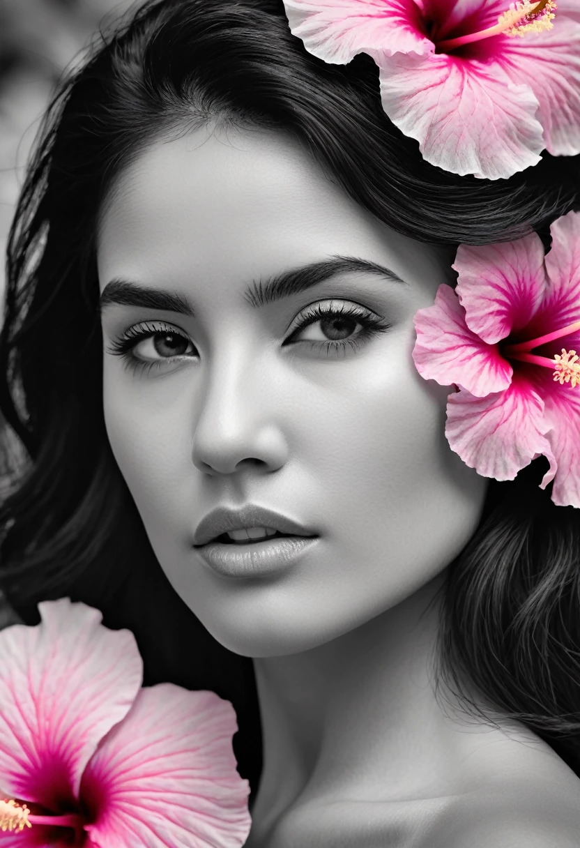 A black and white photo in raw format, zooming in on the intricate details of a woman's face, shot with a solitary striking Pink Hibiscus, adding a touch of softness and femininity to the composition, enhancing the dramatic contrast and textures of the monochrome image.