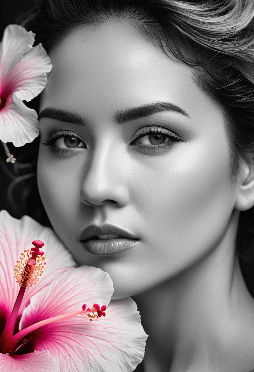 A black and white photo in raw format, zooming in on the intricate details of a woman's face, shot with a solitary striking Pink Hibiscus, adding a touch of softness and femininity to the composition, enhancing the dramatic contrast and textures of the monochrome image.