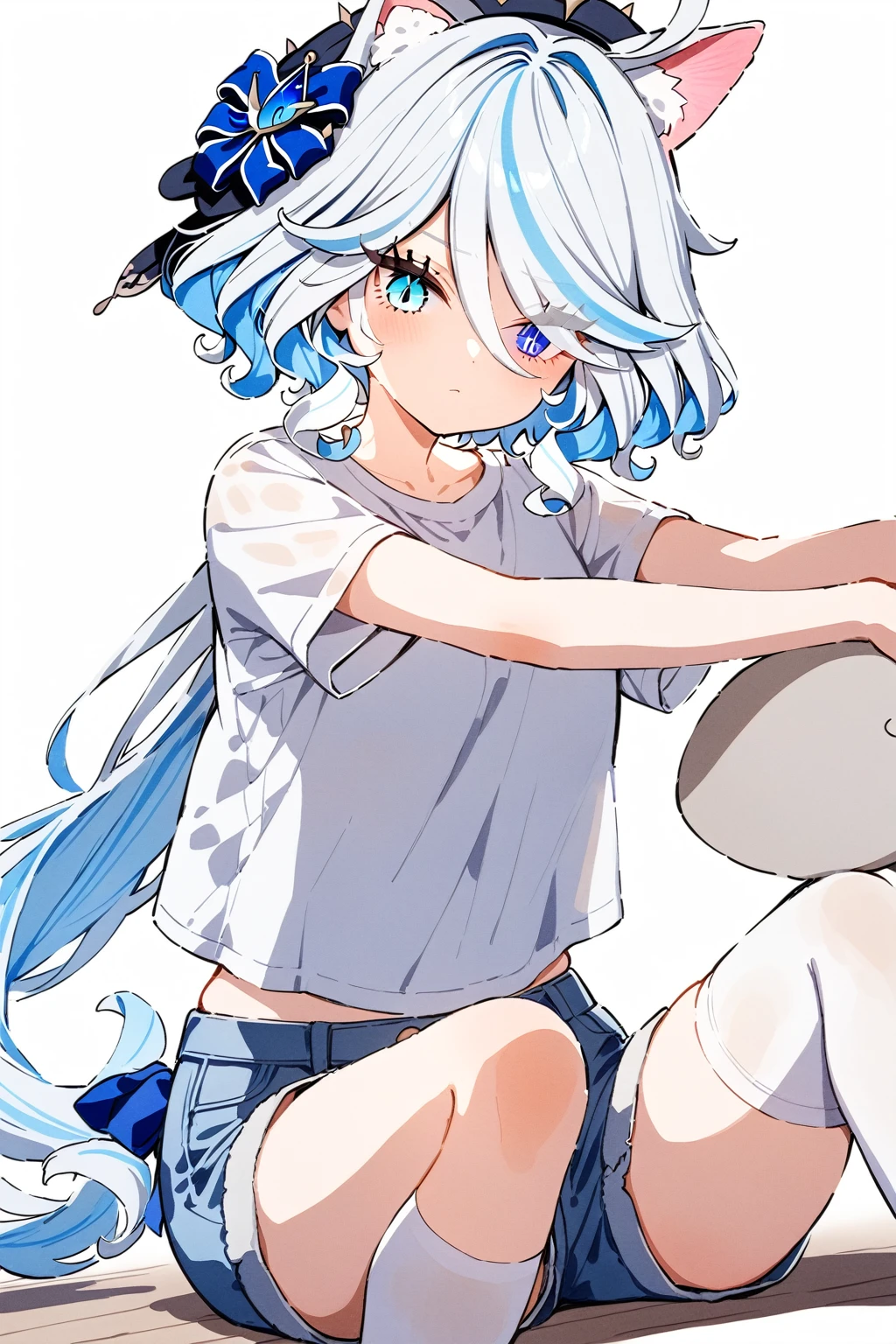 Watercolor (middle), 1girl, furina\(genshinimpact\), genshinimpact, solo, alone, wearing a bright white top and blue denim shorts, slightly plump and highlighting the girl's body lines. White stockings and cat ear headdress are the finishing touches. The girl chose to sit on the floor. This posture usually gives people a relaxed, relaxed feeling. Relaxed feeling, casual feeling, sexy figure, pure white background