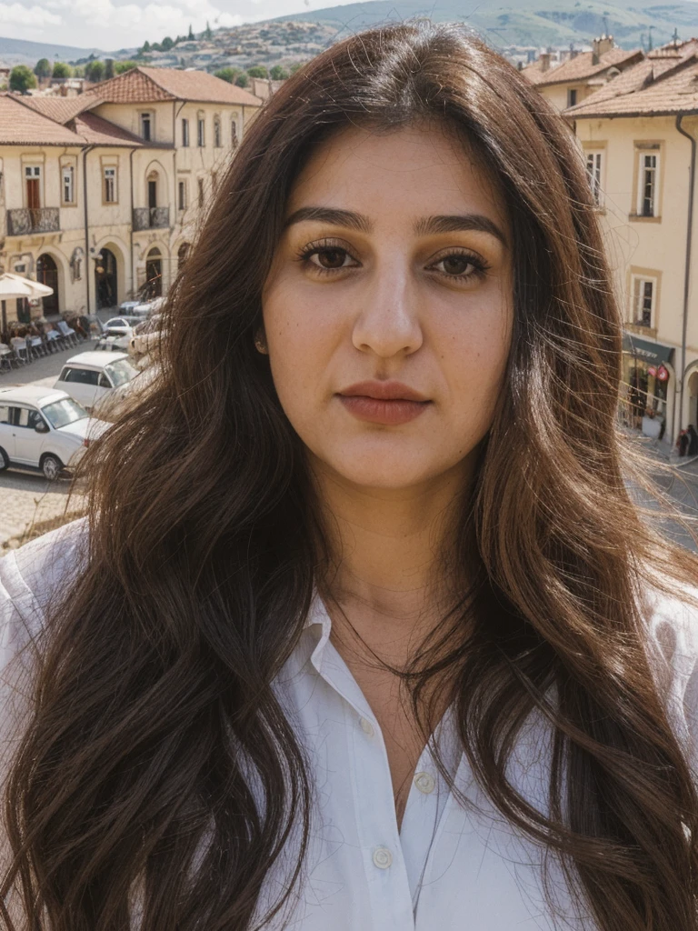 Caseyli, 1girl, solo, 30 years old, (((Georgian face))), (((Georgian nose))), (((Georgian lips))), ((((chubby)))), (((wide hips))), (((dark blonde hair))), wavy medium hair, wearing stylish Generation Z wear, ((Background: overlooking a café in a village square))