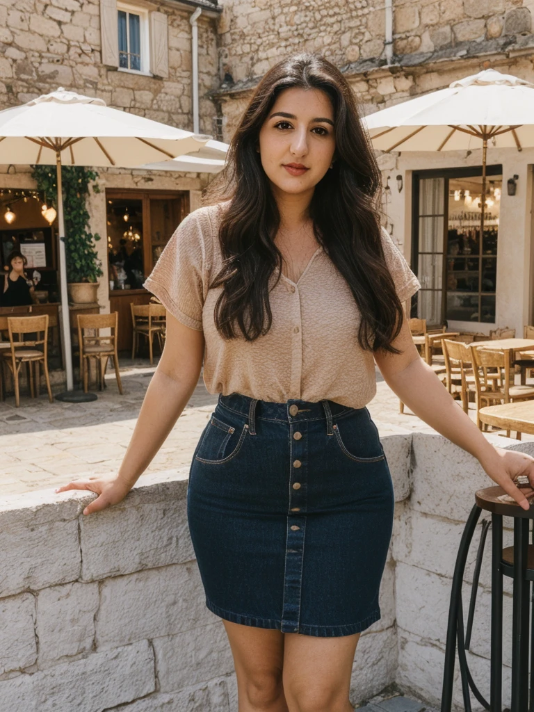 Caseyli, 1girl, solo, 30 years old, (((Georgian face))), (((Georgian nose))), (((Georgian lips))), ((((chubby)))), (((wide hips))), (((dark blonde hair))), wavy medium hair, wearing stylish Generation Z wear, ((Background: overlooking a café in a village square))