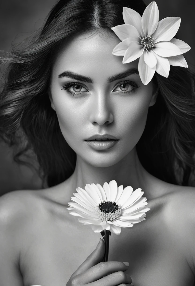 A black and white photo in raw format, zooming in on the intricate details of a woman's face, revealing the delicate lines of her skin and the depth of her expressive eyes. Frame the shot with a solitary striking flower, delicately held in the woman's hand, adding a touch of softness and femininity to the composition, enhancing the dramatic contrast and textures of the monochrome image.