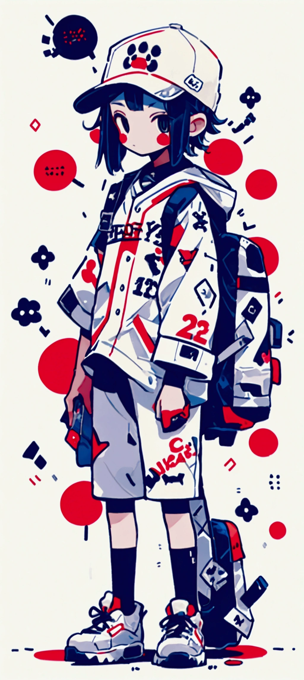 A ager wearing a hat and a white baseball uniform,carrying a bag,Graffiti style