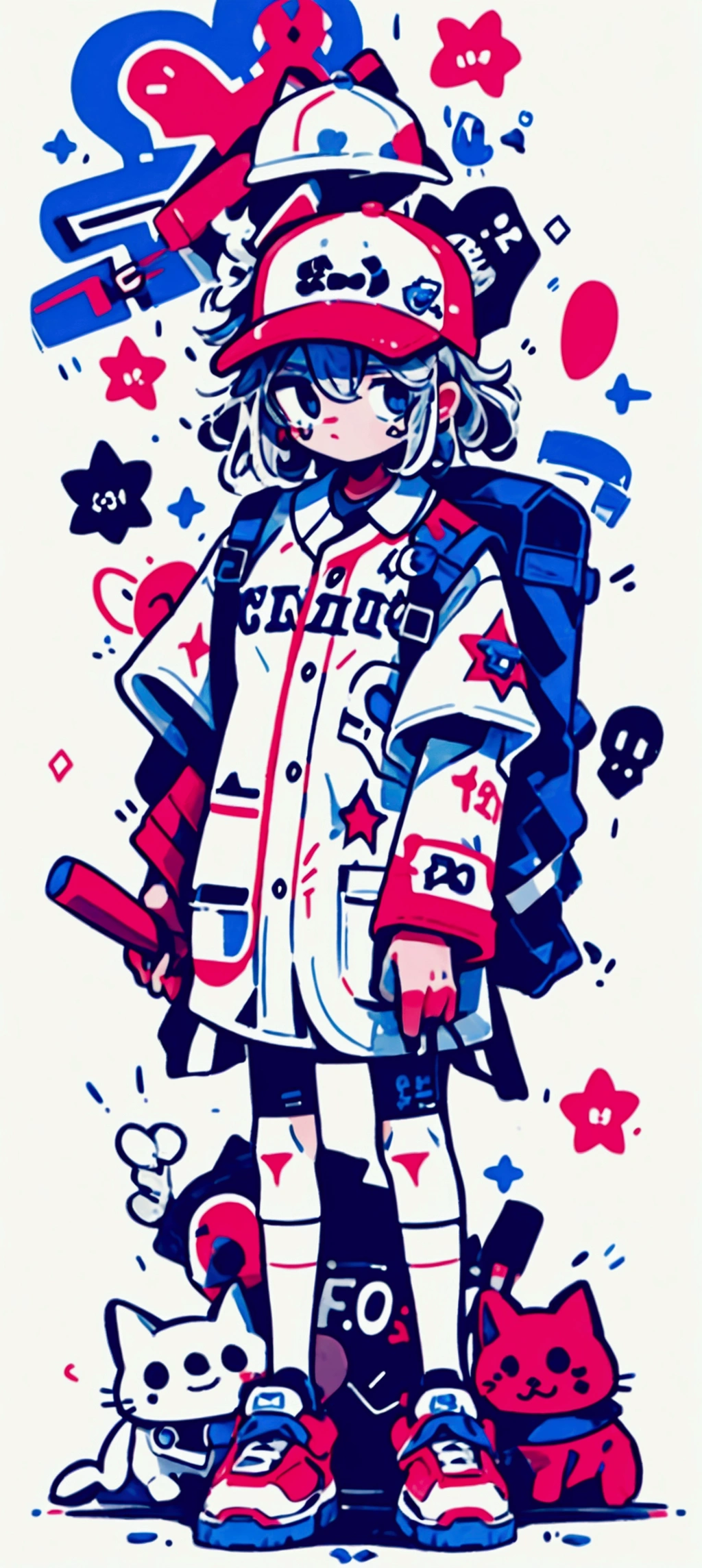 A ager wearing a hat and a white baseball uniform,carrying a bag,Graffiti style
