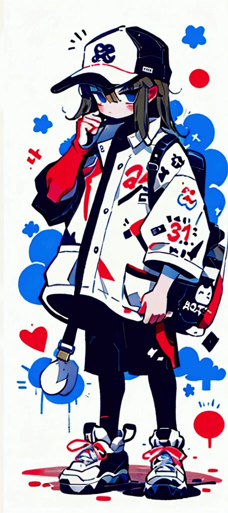 A teenager wearing a hat and a white baseball uniform，carrying a bag，Graffiti style