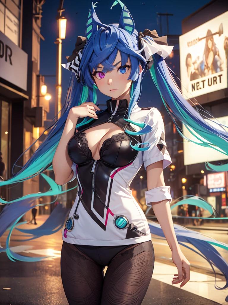 (Masterpiece, best quality, high res、highly detailed cg: 1), A foreign land where the language is not understood, a prostitute inviting with body language, both not understanding each other's words but the intentions are clear, she is using gestures and expressions, street at night, subtle lighting, exotic atmosphere. Twin_Turbo_Umamusume, aqua hair, twintails, heterochromia, purple eyes, blue eyes, small breasts