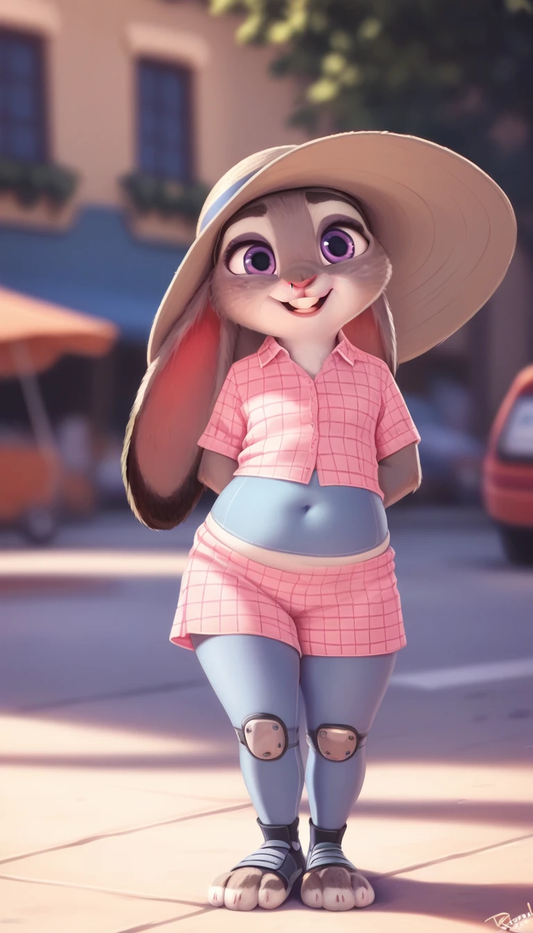 female,  judyhopps, ((slim judy hopps)), (front view), (cinematic lighting), backlighting, (shaded), detailed background, by dagasi, (by personalami), [by Ruan Jia],((full body)), tight clothes, (solo), photorealistic, hyperrealistic,(((thick body))),((chubby)), thick body 