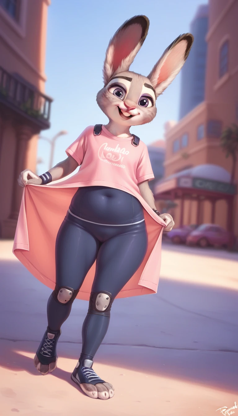 female,  judyhopps, ((slim judy hopps)), (front view), (cinematic lighting), backlighting, (shaded), detailed background, by dagasi, (by personalami), [by Ruan Jia],((full body)), tight clothes, (solo), photorealistic, hyperrealistic,(((thick body))),((chubby)), thick body 